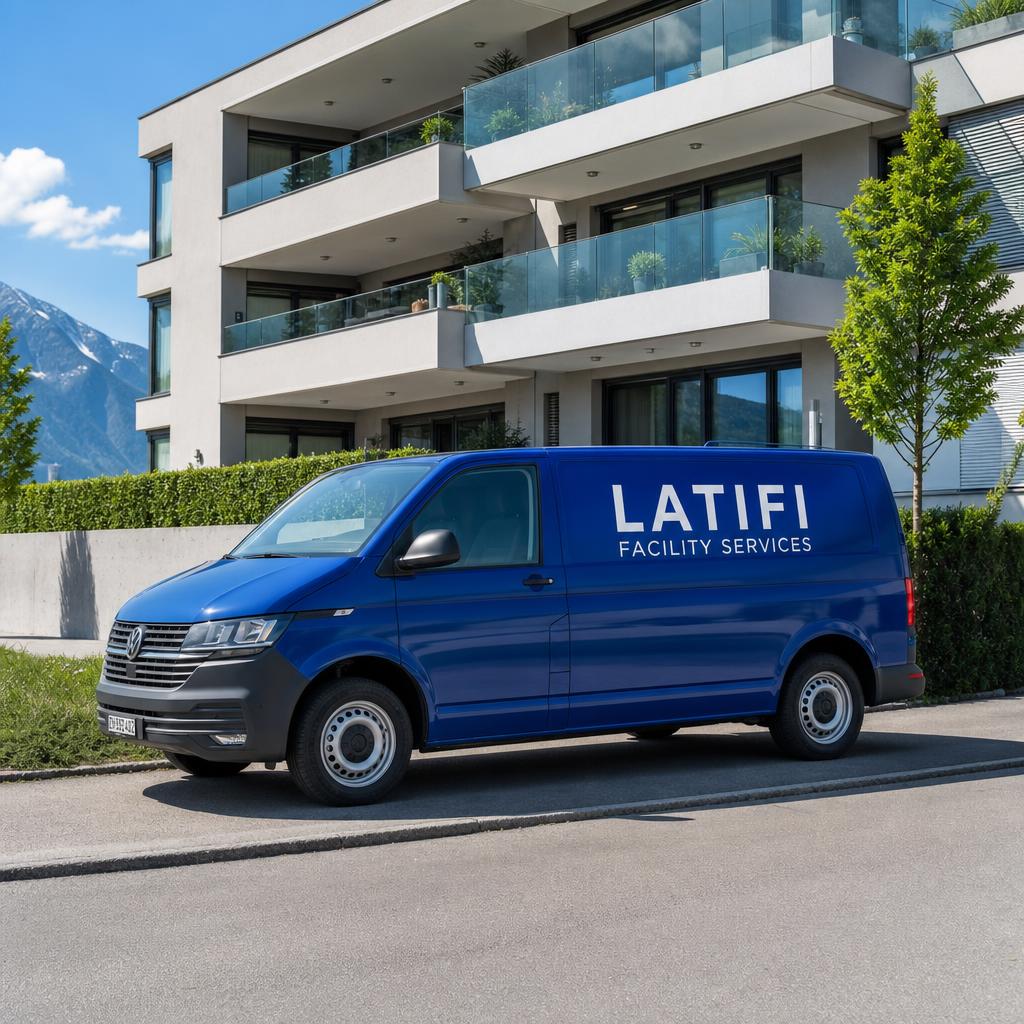 Firmenfahrzeug von Latifi Facility Services vor einer Wohnliegenschaft